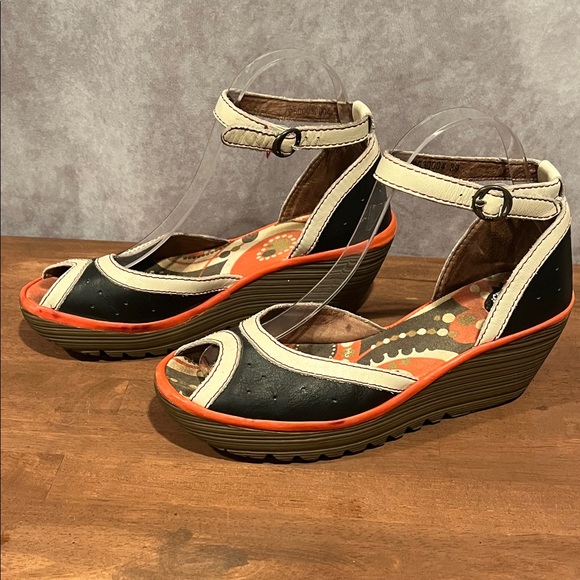 Fly London Shoes - Fly London Black and Red Peep Toe Mary Jane Wedges size 39/8.5